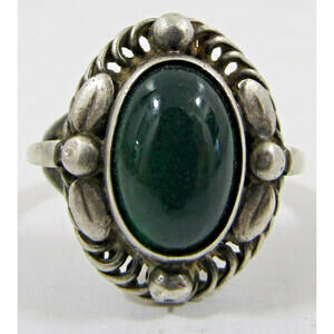 Vintage Georg Jensen Ring Green Agate and 925 Sterling Silver Denmark Size 4.75